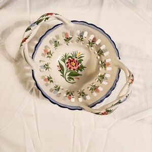 Vintage Portugal Ceramic Basket with Braided Handles and Hand Painted Florals